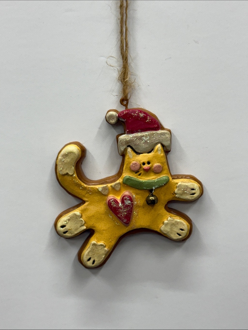 Kurt Adler Yellow Cat Ornament with Red Santa Hat and Green Collar